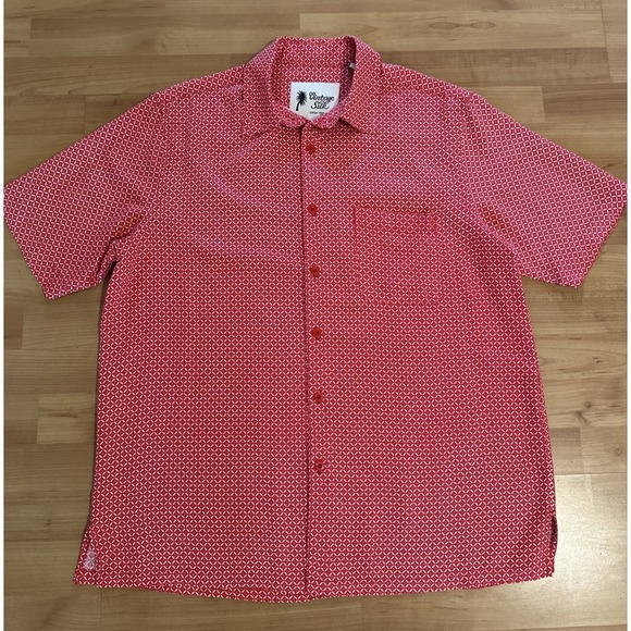 Vintage Silk Circa 1969 Red Geometric Silk–Rayon Short Sleeve Shirt L - Picture 1 of 7